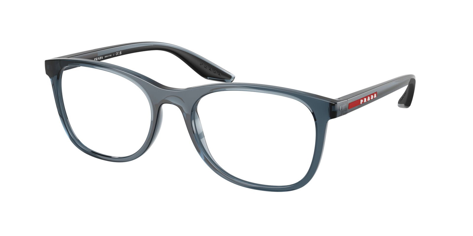 Das Bild zeigt die Prada Linea Rossa Fassung PS05PV CZH1O1 leicht seitlich.